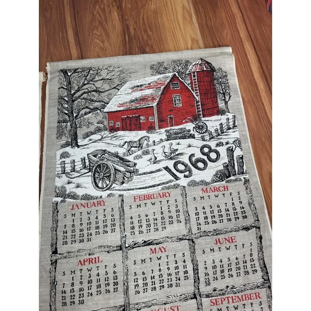 1966 1968 Linen Tea Towels Wall Hangings Lot Of‎ 2 Farm Country Barn Red Cottage